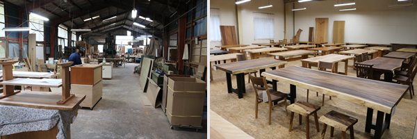 製造と修理を行う工場と県内でトップクラスの品揃え一枚板のテーブル